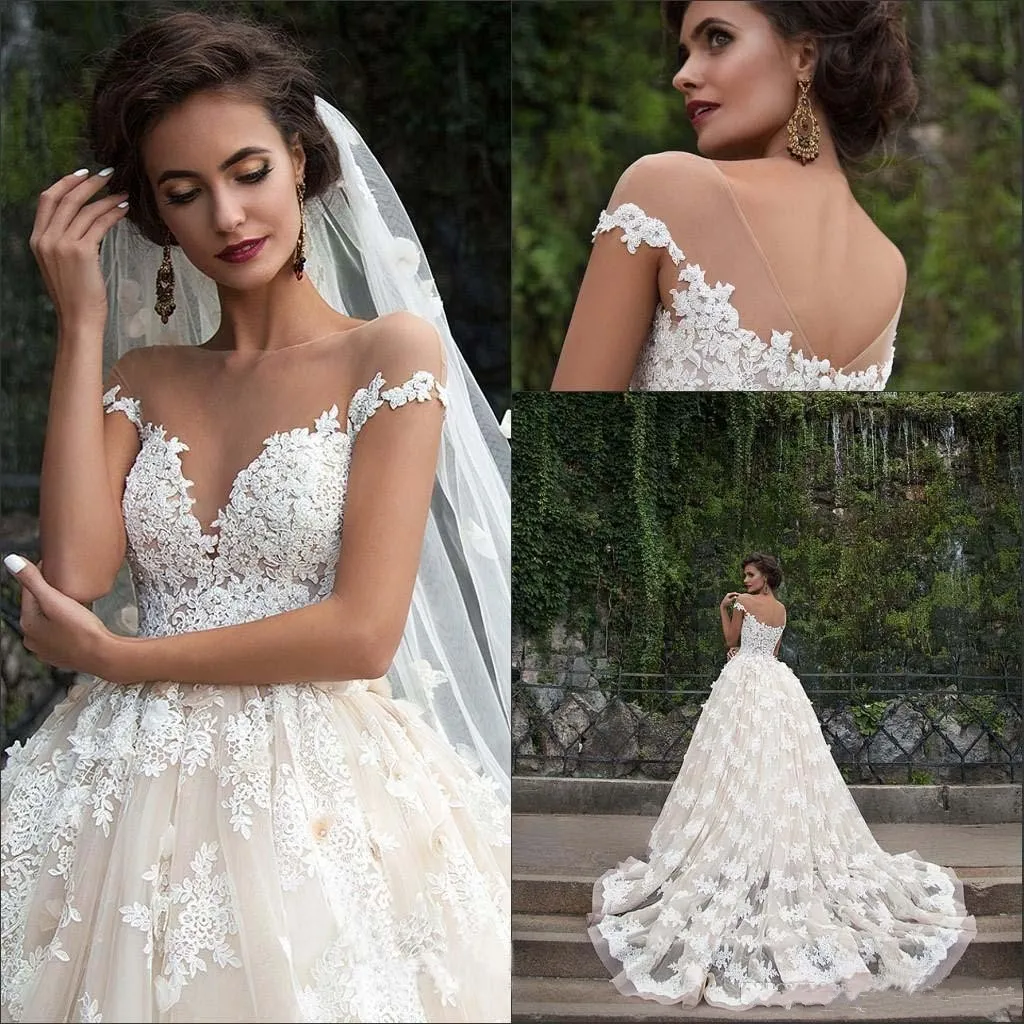 Luxury Full Lace A Line Wedding Dresses Hot 2016 Sheer V Neck Cap Sleeves Bridal Gowns Sweep Train Back Covered Buttons Wedding Dresses