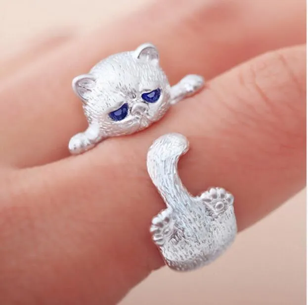 Mode belle argent plaqué mignon chat anneaux pour femmes Animal chat yeux ouvert anneau Vintage bijoux G894242a