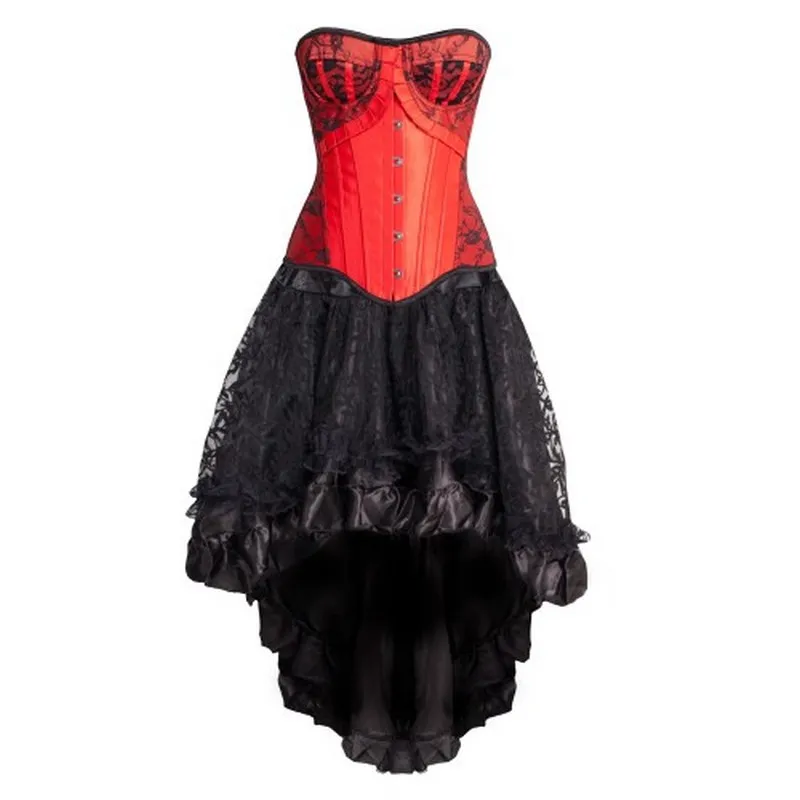 Partihandel Billiga Overbust Floral Black Lace Overlay Corset och Voluminous Layered Kjol Burlesque Formell Dans Korsett Kjol Set Kostym Klänning