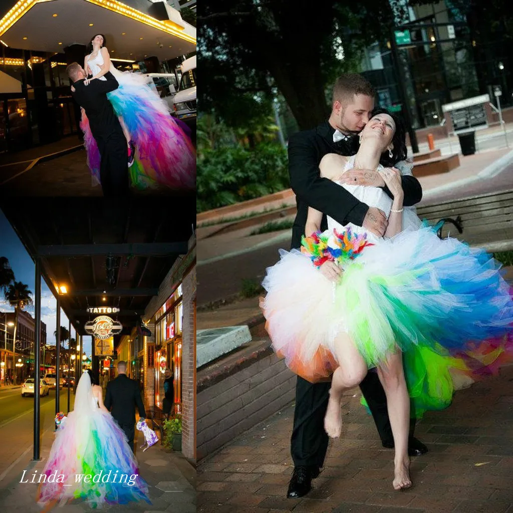 New Arrival Colored Rainbow Wedding Dresses Romantic Puffy Ball Gown Halter Tulle Long Dream Princess Bridal Party Gowns