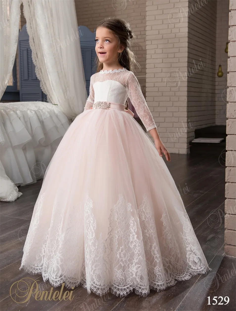 Lovely First Communion Dress - Long Sleeves Pink Prom Gown For Girls, Size 10, Color Ivory, Handmade - View #3