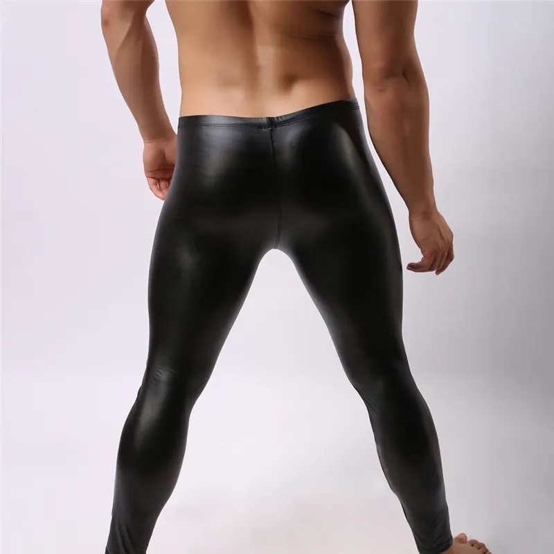 Sexy masculino longo johns undershirt magro preto falso couro cuecas masculino fino suave u convexo gay bolsa de fitness midwaist leggings u8191841