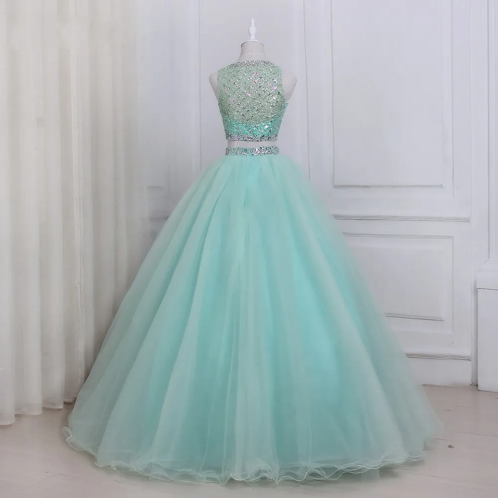 Stunning Mint Ball Gowns Prom Dresses Two Pieces Tulle Luxury Rhinestones Beaded Hollow Back Jewel Sheer Neck Long Party Evening Dress Gowns