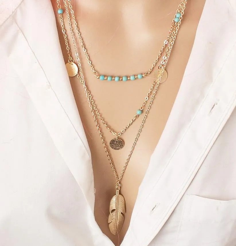 10 pçs / lote Estilo de verão jóias moda feminino multi camadas de colar de penas redonda lantejoulas encantar pingente colar de turquesa ouro / prata
