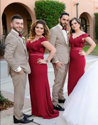 Robes de demoiselle d'honneur d'épaule élégante rouge foncé pour mariage 2016 dentelle sirène dos recouvert de robe de soirée robes de soirée