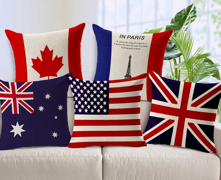 National Flags Cushion Cover American British Kanada Franska Flaggor Kuddehus Hem Kontorekreter Högkvalitativ Vacker kudde täcker DHL