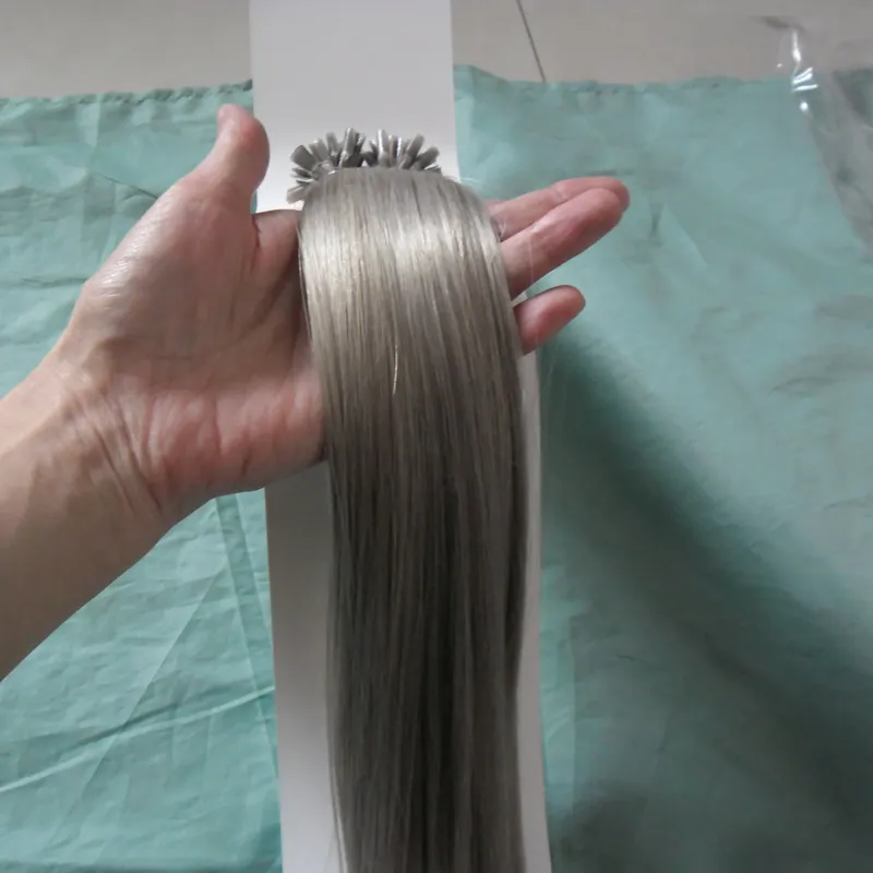 Silbergraue Haarverlängerungen mit U-Spitze, 100 g, 100er vorgebundenes Echthaar mit Keratin-Stiftspitze