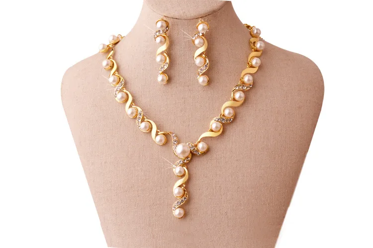Brautschmuck, Perlenkette, Ohrringe, Zubehör-Sets aus Gold mit Kristall-Halskette, Hochzeitsschmuck, Verlobungsschmuck 8805955