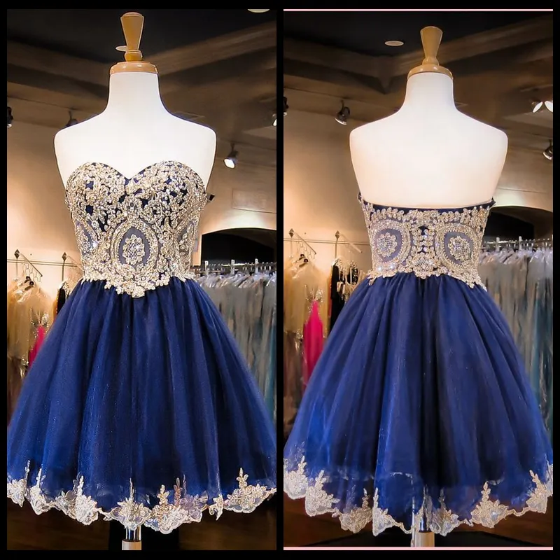 2020 New Arrival Sweetheart Neck Gold Lace Homecoming Dress Mini Short Navy Blue Prom Dress Short Sweet 16 Dresses