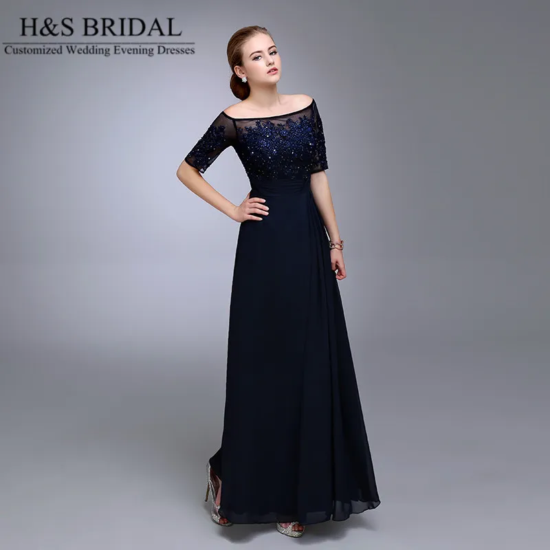 Immagine reale Abiti da sera blu navy 2016 Mezza manica con perline in chiffon formale Madre della sposa Abito da sposo Abiti da cerimonia in pizzo con applicazioni