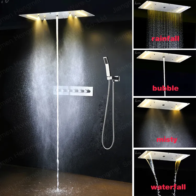 15 '' x27 '' douchedouchepaneel Multi -functie roestvrijstalen LED Regenval Douches Set Massagesysteem Kraan Poolse badkuip Kolom Thermostatische 5 manieren mengklep