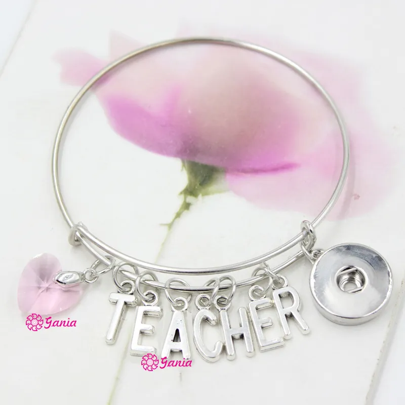 New Arrival Interchangeable Pink Crystal Heart Initials Letter TEACHER Wire Expandable DIY Snaps Bangles Bracelets For Teacher Day Gift