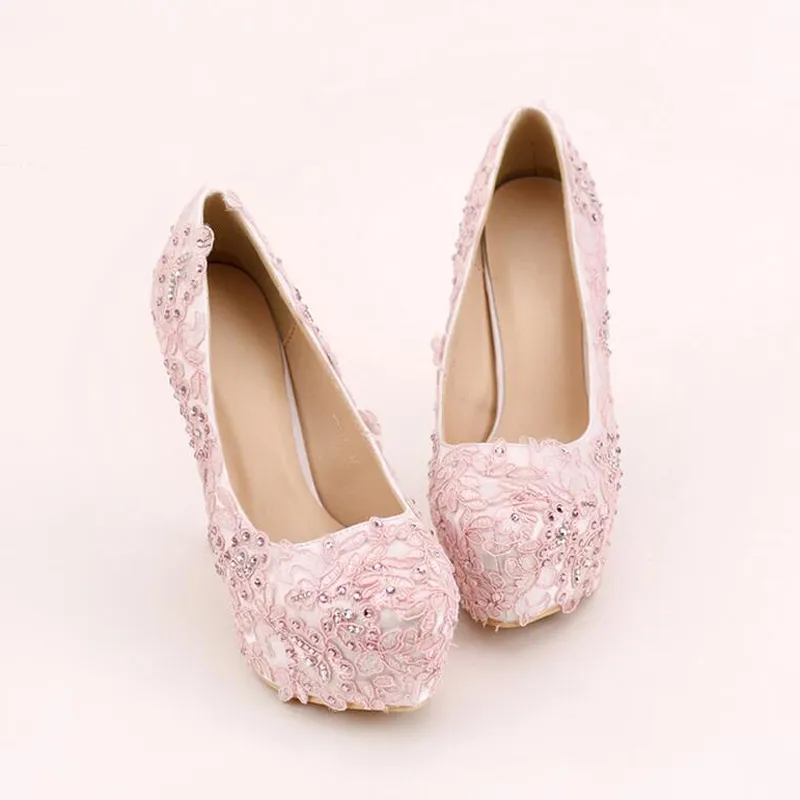 Pink Lace Prom Shoes Handmade Rhinestone Bridal Dress Shoes Platform Formal Shoes 5.5 Inches Comfortable Wedding Party Pumps