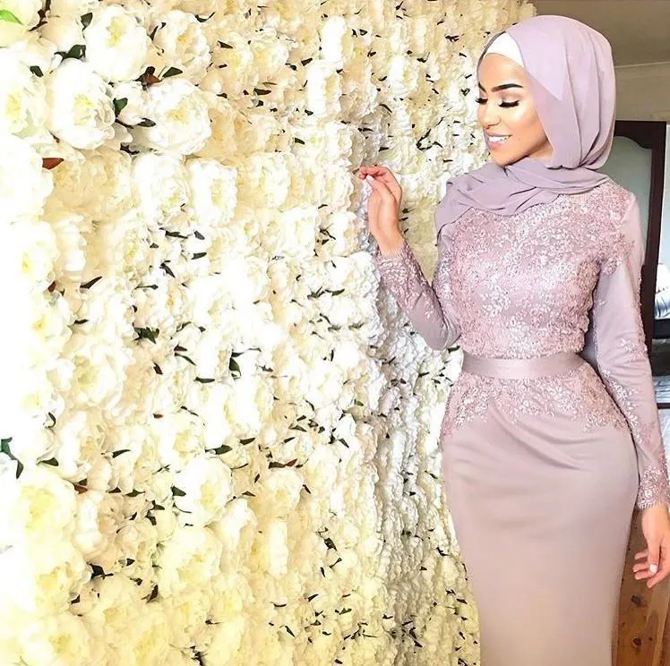 Muslim Mermaid Evening Dresses abendkleider Dress Party Evening Scoop Neck Long Sleeves Appliques Satin Custom Dusty Pink Evening Gowns