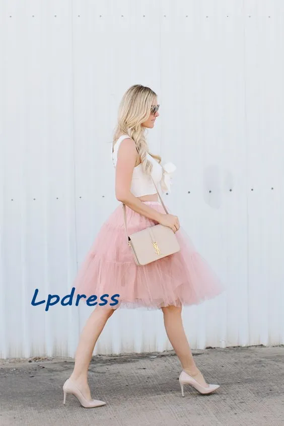 Pearl Pink Skirts Ball Gown Knee Length Pleats Tulle With Lining
