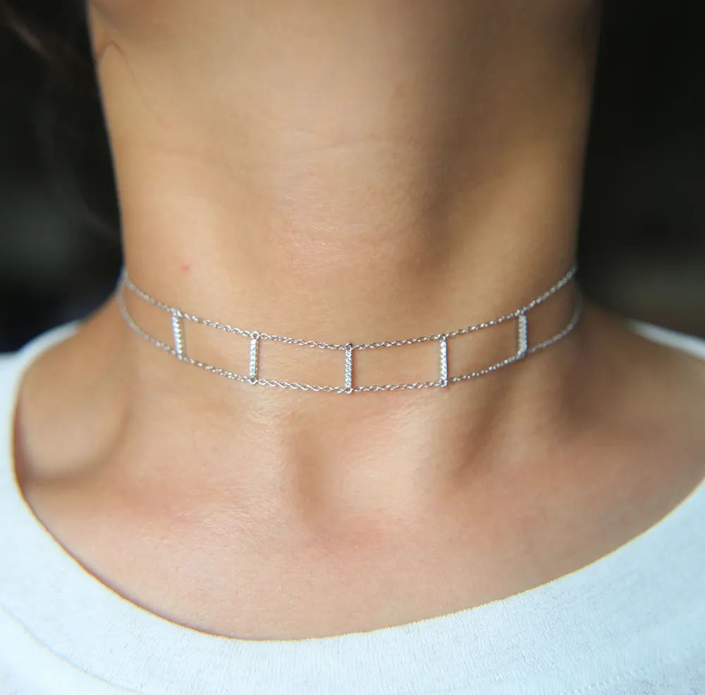 925 sterling silver double chain choker micro pave cz bar choker fashion delicate chain women ladies gift silver choker necklace