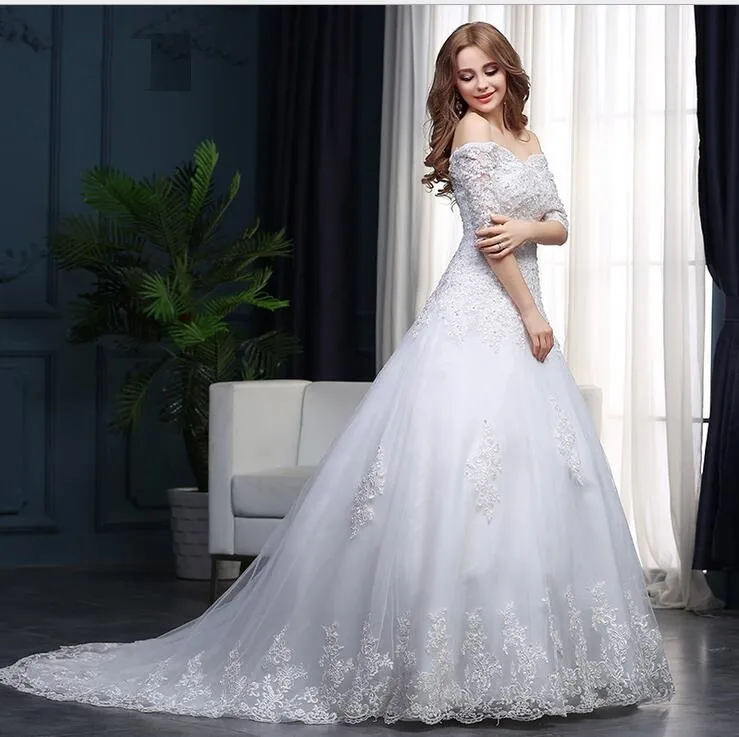 ウェディングドレス魅力的なBateauty Bridal Vielプリンセスオフショルダーウェディングドレスブライダルガウンサッシ弓スイープトレインカスタムメイドBD04