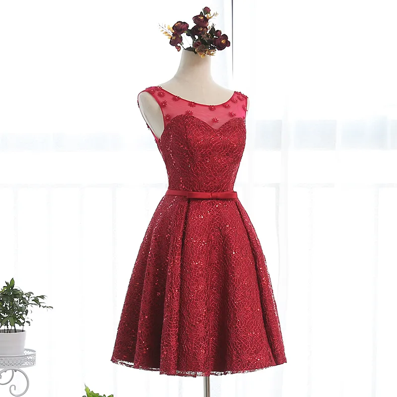 Bateau Neck Lace Cocktail Dresses With Bow Short 2021 Formal Knee Length Party Dress Dark Red Color218j