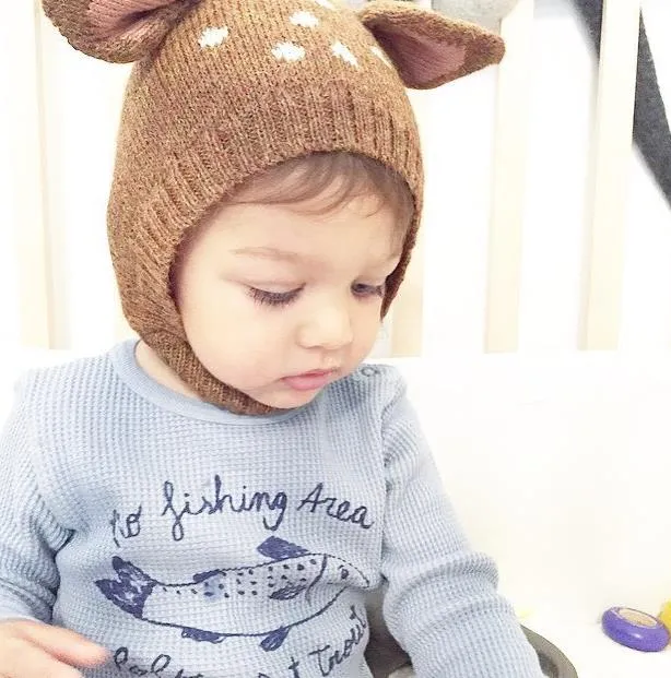 Ny Autumn Winter Cute Infant Baby Cartoon Deer Ears Hat Kids Sticked Cap Girls Warme Beanies Child Babies Hatts M73