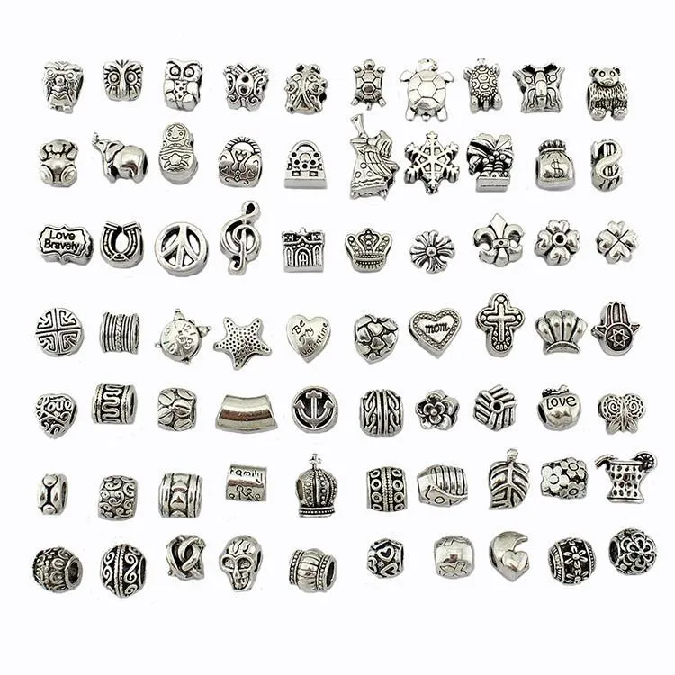 Antik silverpläterad legering Big Hole Charms Spacer Beads fit pandora armband DIY Smycken Halsband Hängen berlocker Pärlor