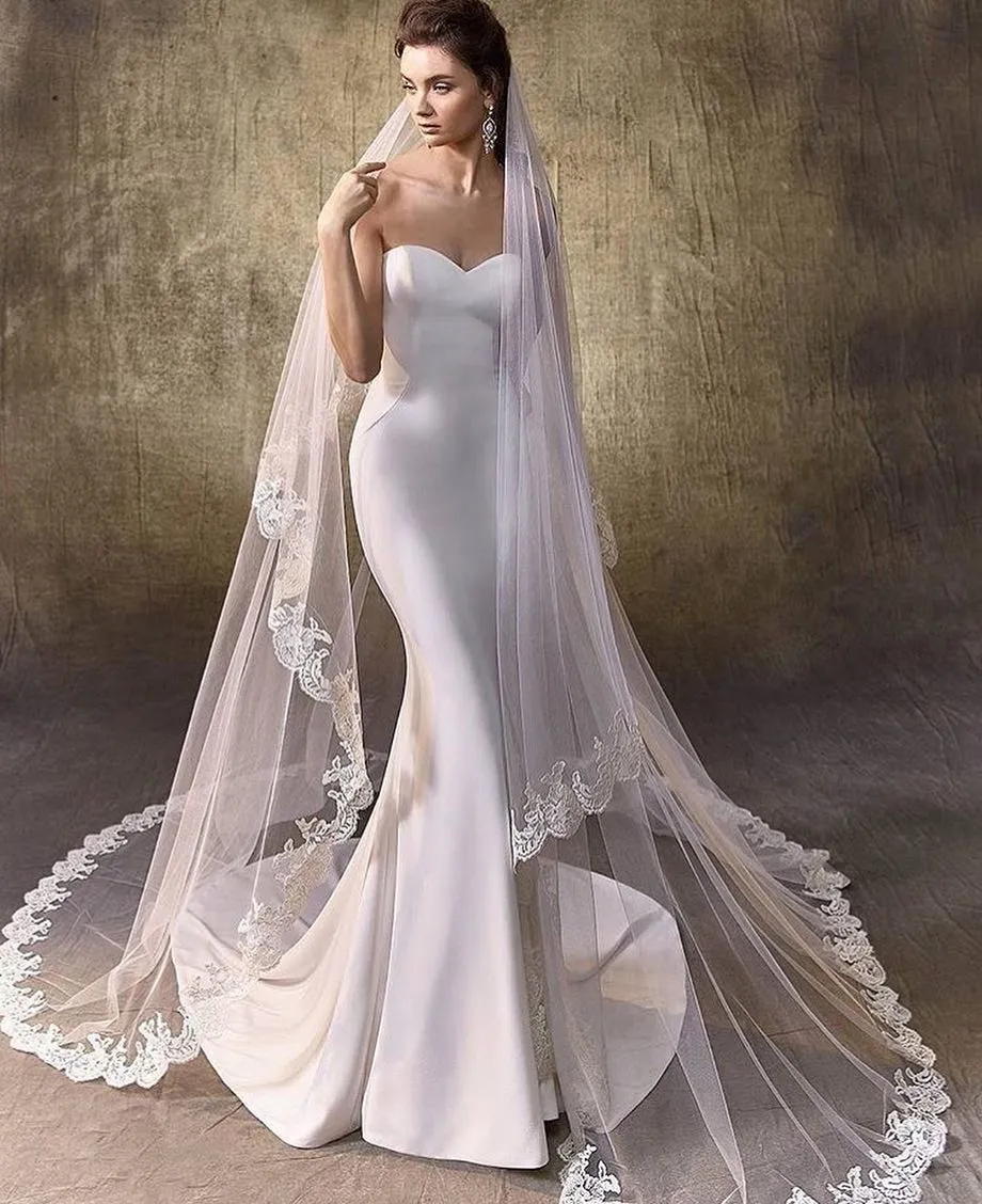 Stilig 2,5m två lager Bröllopslöjor med spets Applique Edge Long Chapel Veils Tulle Custom Made Bridal Veil med kam
