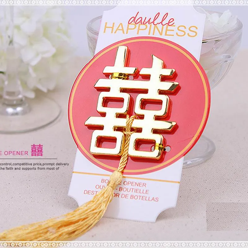 Livraison gratuite Fashion Laser Cut Double Happiness ouvre-bouteille pour Faveur de soirée de mariage chinois faveurs et cadeaux pour les invités