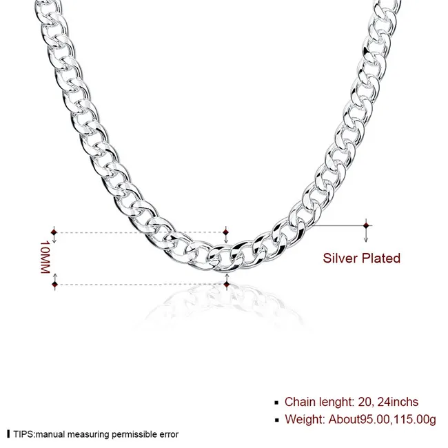 Heavy 115g 10mm klamry kwarta boków Male modele Sterling Silver Plate Necklace StSN011, Moda 925 Silver Łańcuchy Naszyjnik Fabryka