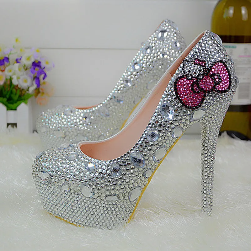 Kitty Silver Rhinestone Bridal Bröllop Skor Graudation Party Prom High Heel Shoes Formella Klädpumpar Plus Storlek