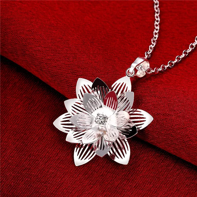 新しい女性の蓮の花の形のペンダントネックレスホワイト宝石のスターリングシルバーメッキネックレスSTSN735、熱い販売ファッション925シルバーネックレス
