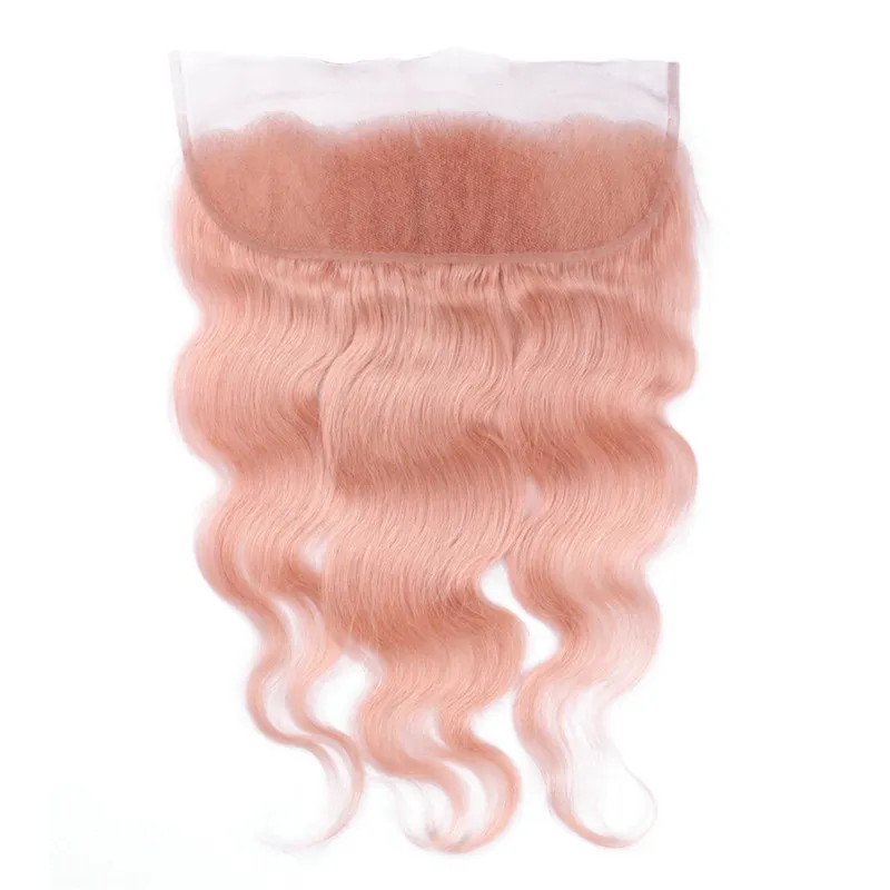 Rosa mänskligt hår med spets frontalrosa rosa salong populär färg kroppsvåg spets frontal med buntar baby rosa brasilianska jungfru hår