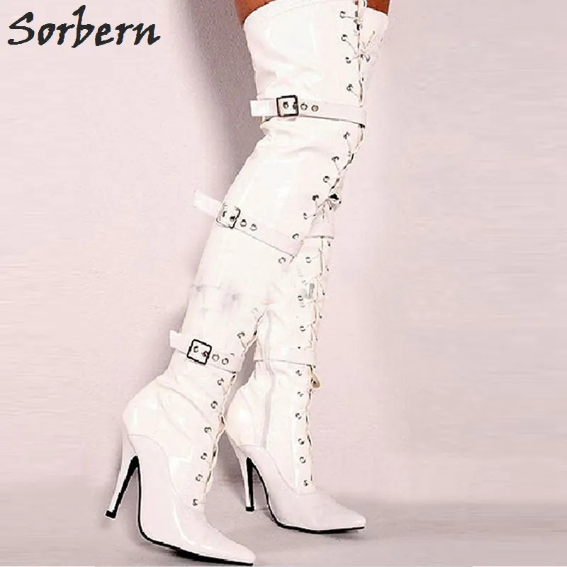 أحذية Sorbern فوق الركبة للنساء بكعب مدبب بمقدمة مدببة براءات الاختراع الفخذ أحذية طويلة 12 سم كعب رفيع برباط علوي - غريبة ، صنم ، مثير ، أحذية حجم كبير