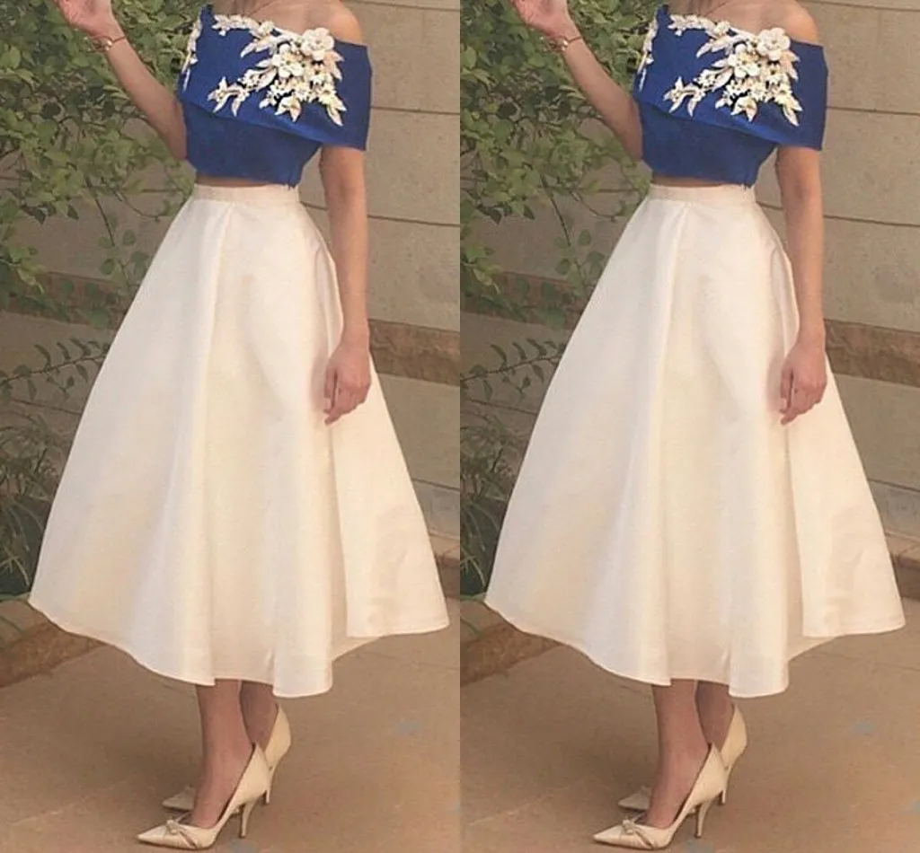 2017 Mode Twee Stuk Korte Prom Dresses Off Schouder Elastische Satijnen Royal Blue White Enkle Length Party Jurken Cheap Arabische Avondjurken
