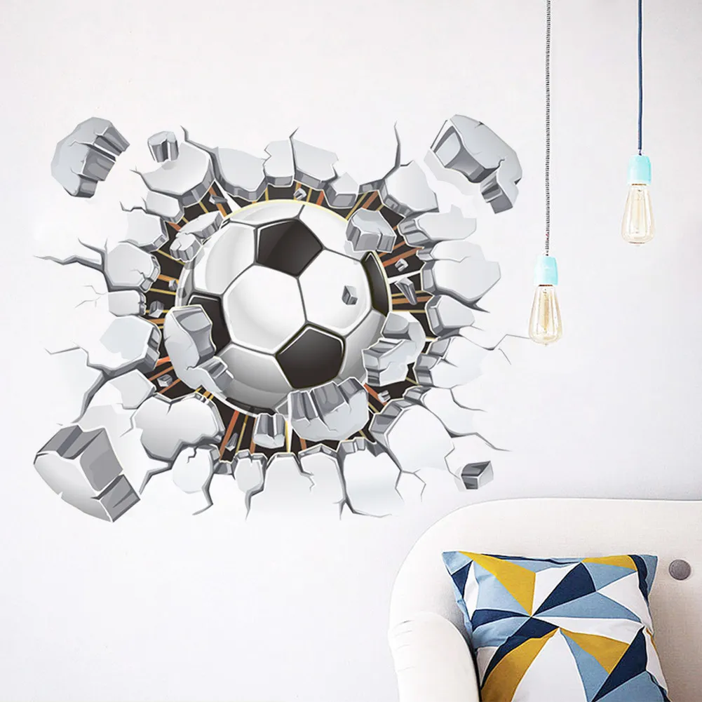 3d Football Soccer Fire Playground Broken Wall Hole view quote goal home decals wall stickers for kids rooms boy sport wallpaper