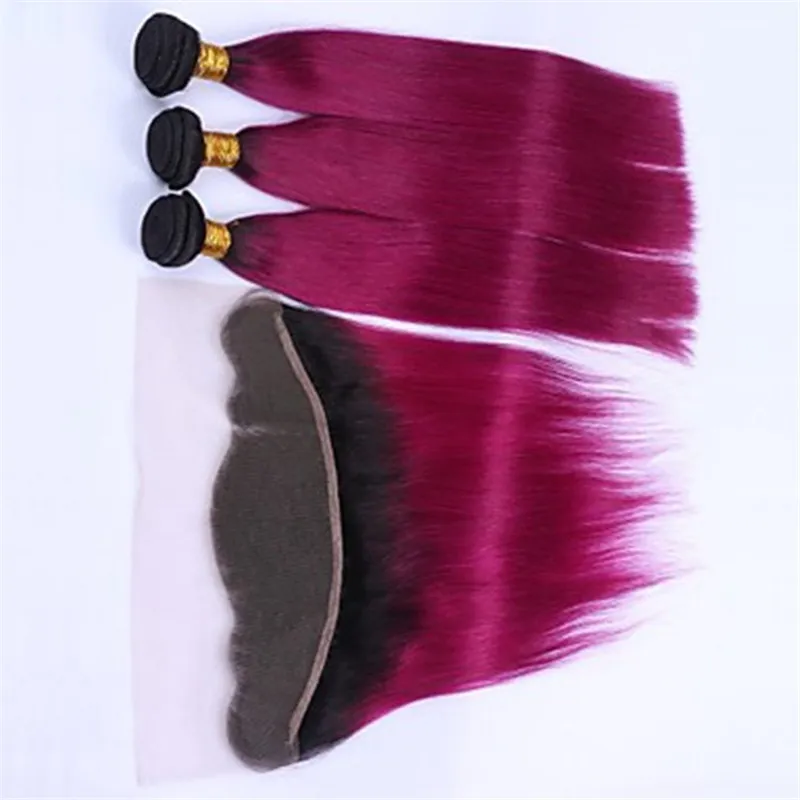 Brasilianska Human Virgin Hair Fuschia Ombre Hårbuntar Med Snörning Frontlåsning 4st / Många Lila Peruvian Virgin Hair With Frontal Closure