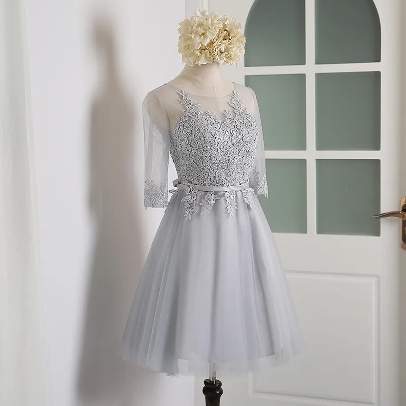Bateau Neck Lace Tulle Knee Length Bridesmaid Dress with Half Sleeves and  Lace-up Back Gray from Dhgate Bridesmaid Dress - price 45.28