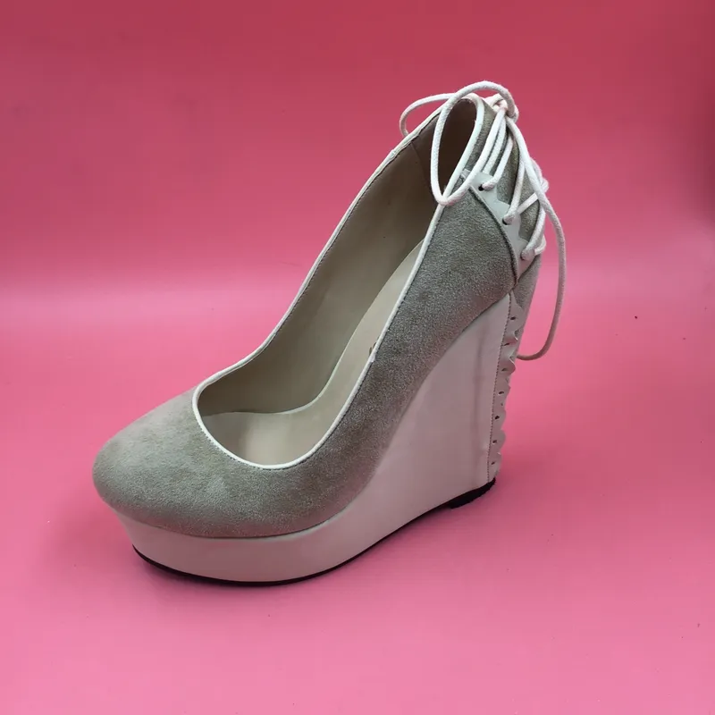 Khaki kvinnor wedge heels klänning skor runda tå slip-på stor storlek kvinnor pumpar högklack plattform glid-ons 14 skor kvinnor nubuck läder