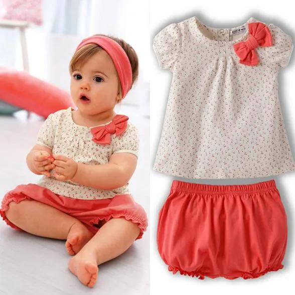 Wholesale- 1-3y adorável crianças bebê menina conjunto de arco curto manga tops + roupas curtas roupas de verão conjunto quente