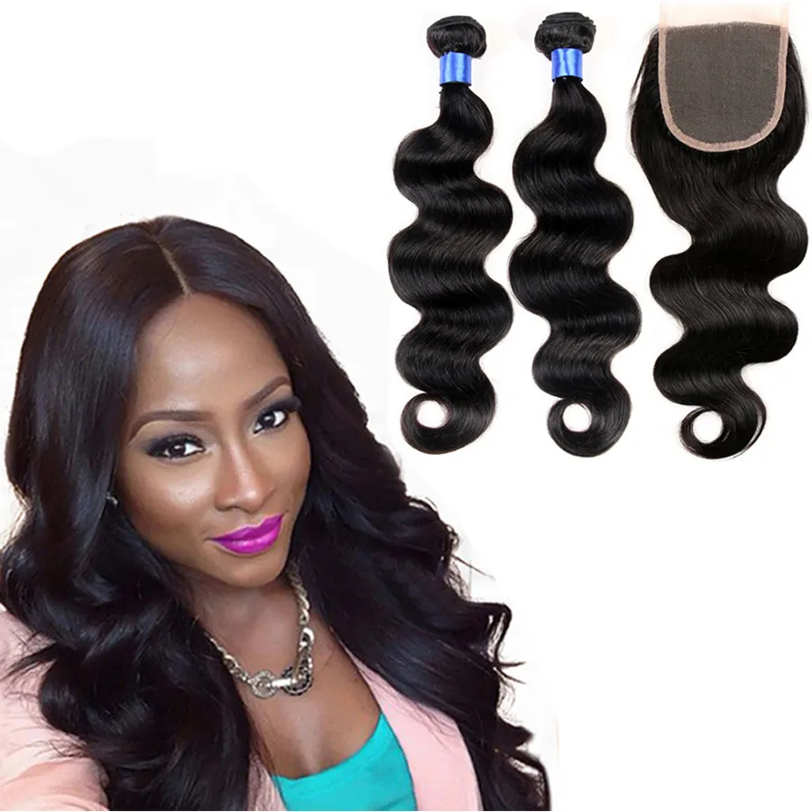 2 Bundles Brazilian Hair Body Wave Raw Natural Human Hair With 1 Lace Closure,Unprocessed Hair Can be Dyed Can be -2