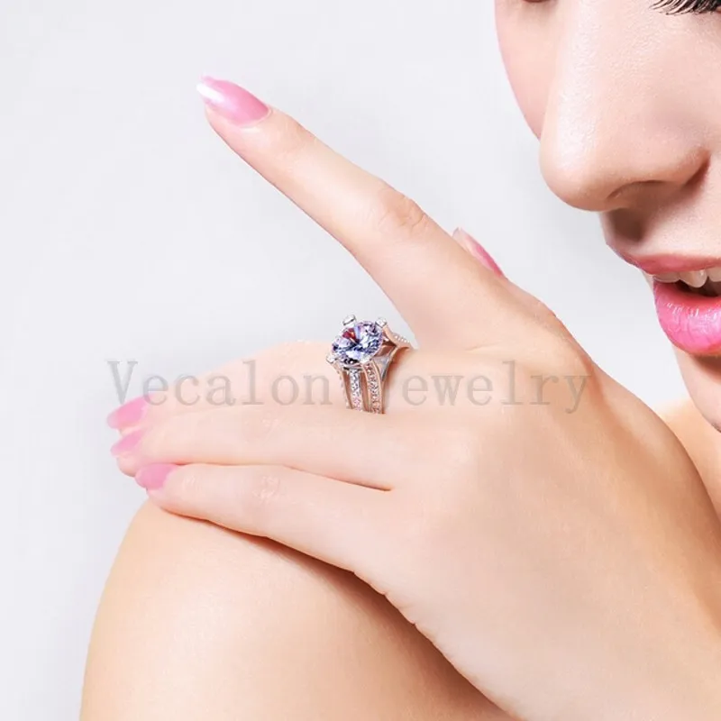 Vecalon 2016 Anello solitario femminile Anello con topazio da 6 ct Diamante simulato Cz Anello in argento sterling 925 con fascia di fidanzamento donna