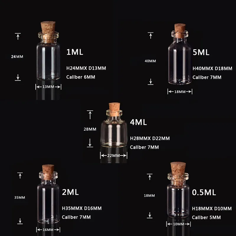 1 2 4 5 ml mini flaskor klara glasflaskor burkar med korkar stoppare liten korkglasflaska diy dekoration tom liten flaska för sandkonst hantverk projekt part favörer