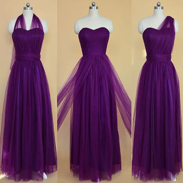 Prachtige Convertible Bruidsmeisje Jurken Lange Formele Purple Tule Bruiloft Party Maid of Honorjurken Sweetheart Hals Halter één schouder