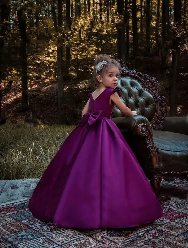 Purple Cute Flower Girl Dresses Jewel Juliet Sleeves Princess Birthday Gowns Back Zipper With Big Bow A-Line Custom Made Formal Party Gowns