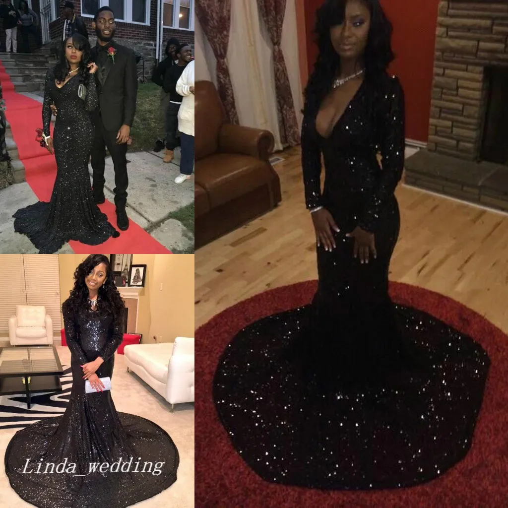 High-Quality 2019 Black Sequined Black Glitter Prom Dress with Long Sleeves for Special Occasions and Formal Evening Parties