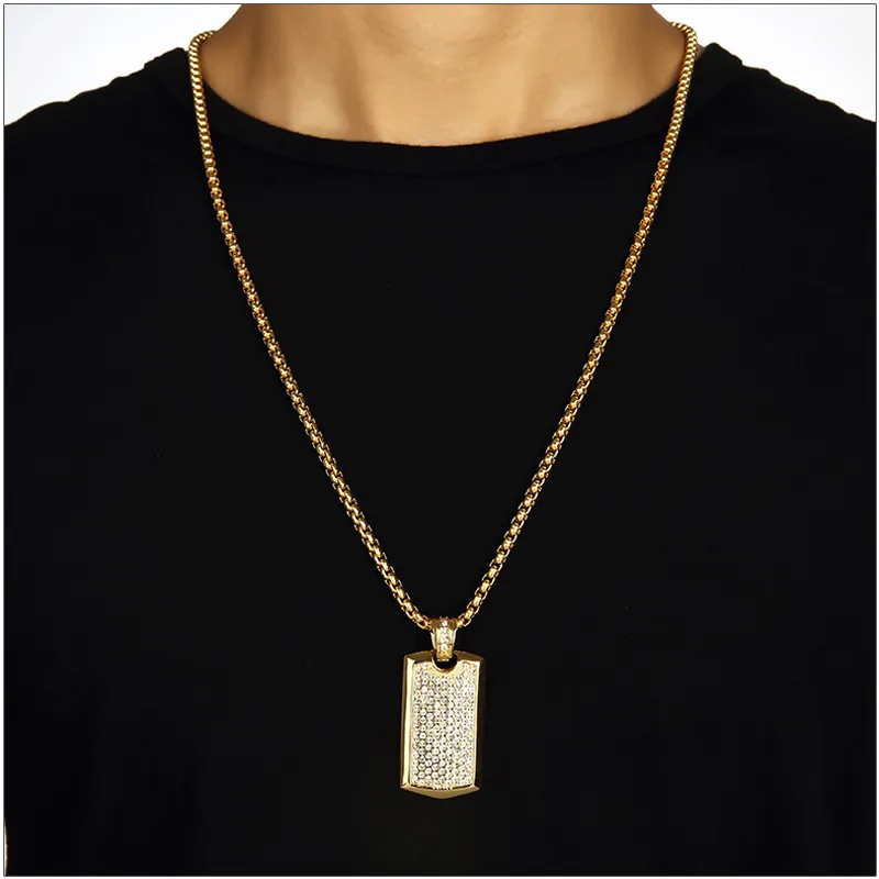 Titanium Steel Hipsters Punk Hip Hop Jewelry 24K Gold Plated Rhinestone Dog Tag Pendant Long Chain Necklace For Mens Women294V