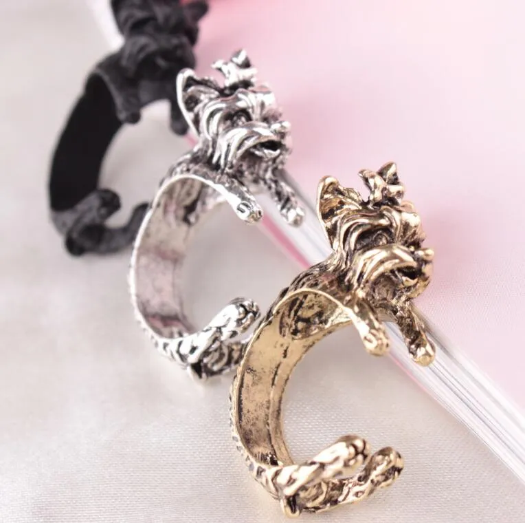 Unisex Vintage Gothic Stil Persönlichkeit Übertrieben Terrier Hund Wrap Öffnung Finger Ring Schmuck G899