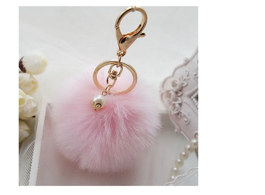 Gold Rabbit Furball Pompom Keybchain Fur Key Rings Porte Clef Llaveros Pearl Keychain voor Bag Charm Navidad Regalos1948155