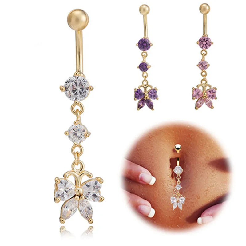 Gold Plated Crystal Paved Cubic Zirconia CZ Butterfly Piercing Belly Button Ring Sexy Body Jewelry for Women