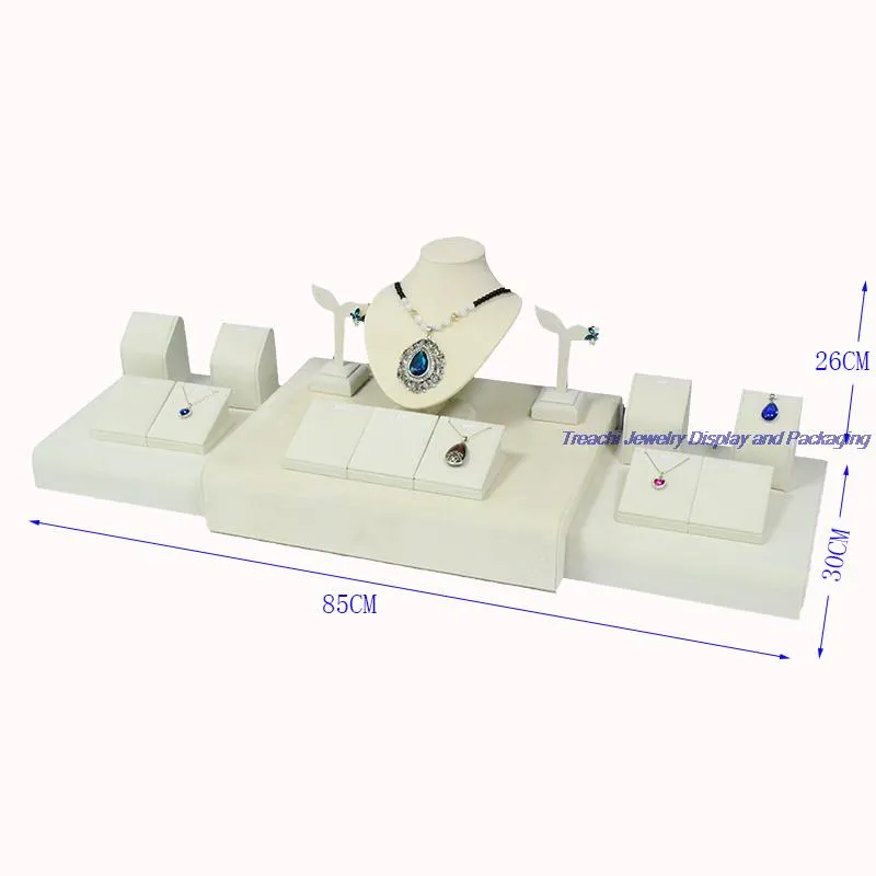 الراقية عرض موقف المجوهرات 17pcs تعيين البيج الجلد المدبوغ أقراط قلادة قلادة حامل العارضين المعرضة مع عارضة أزياء التمثال