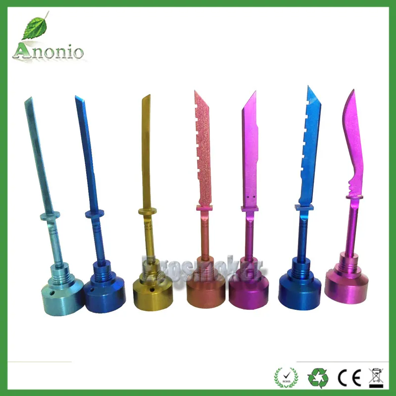 Colorful Titanium Carb Cap With Dabber On Top With 1 Angled Hole Domeless Nails With Sword On Top For Smoking Water Glass Pipe