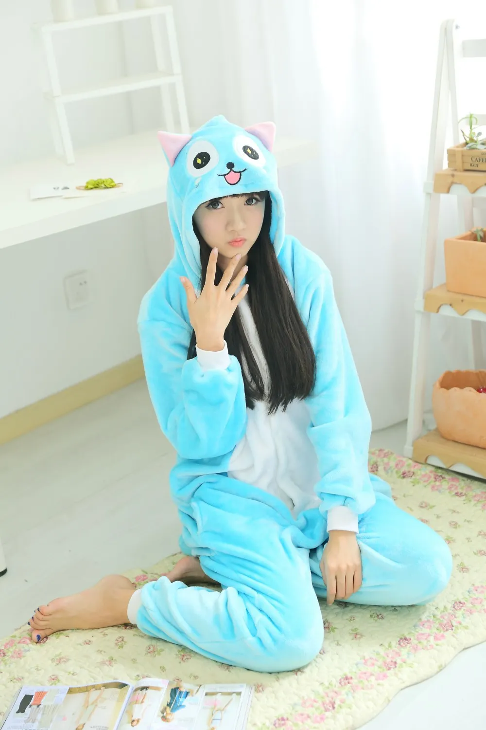 Fleece Anime Fairy Tail Happy Cat Onesie Dzieci Cartoon Party Cosplay Costume Kobiety Piżamy Dorosłych Niebieski Szczęśliwy Kot Onesies Kombinezon Z Kapturem